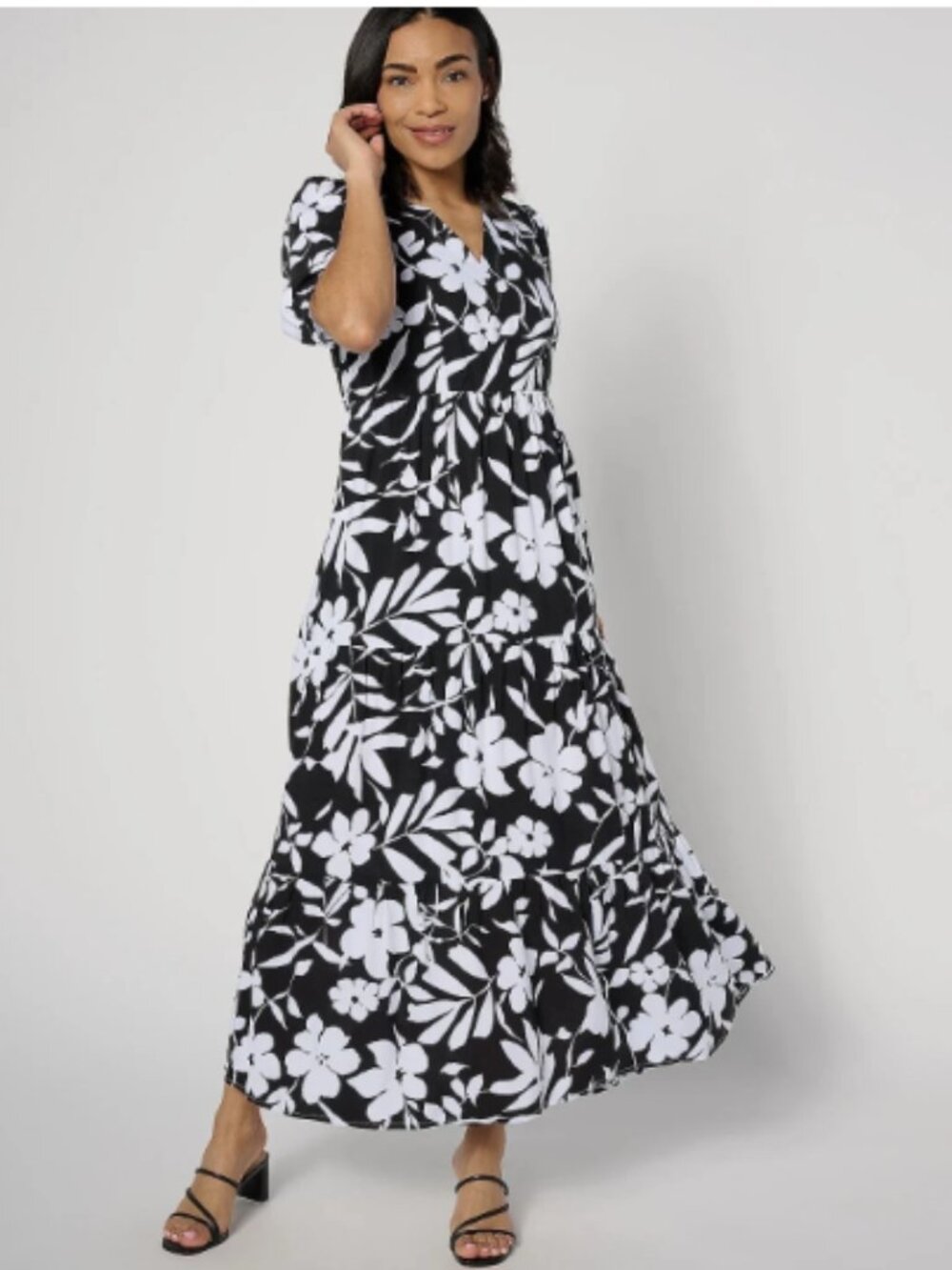 Susan Graver Passport Regular Printed Woven Maxi Dress-Black-XS-NEW-A644524
